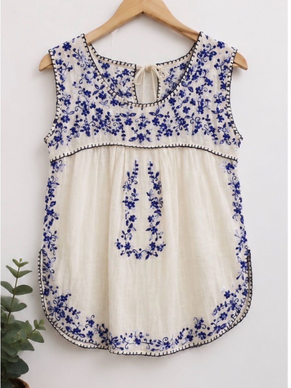 Rory Beca White Sleeveless Embroidered Floral Peasant Blouse with Blue Accent